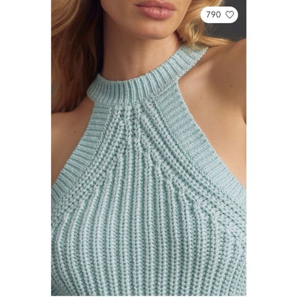 NEW By Anthropologie Blue Halter Chunky Knit Sweater Tank Top Blouse Medium - Picture 4 of 4